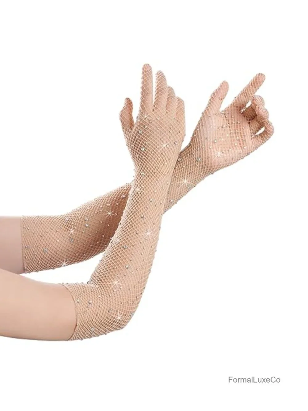 Women Rhinestone Fishnet Gloves Long Mesh Sparkly Opera Party Glitter Sheer